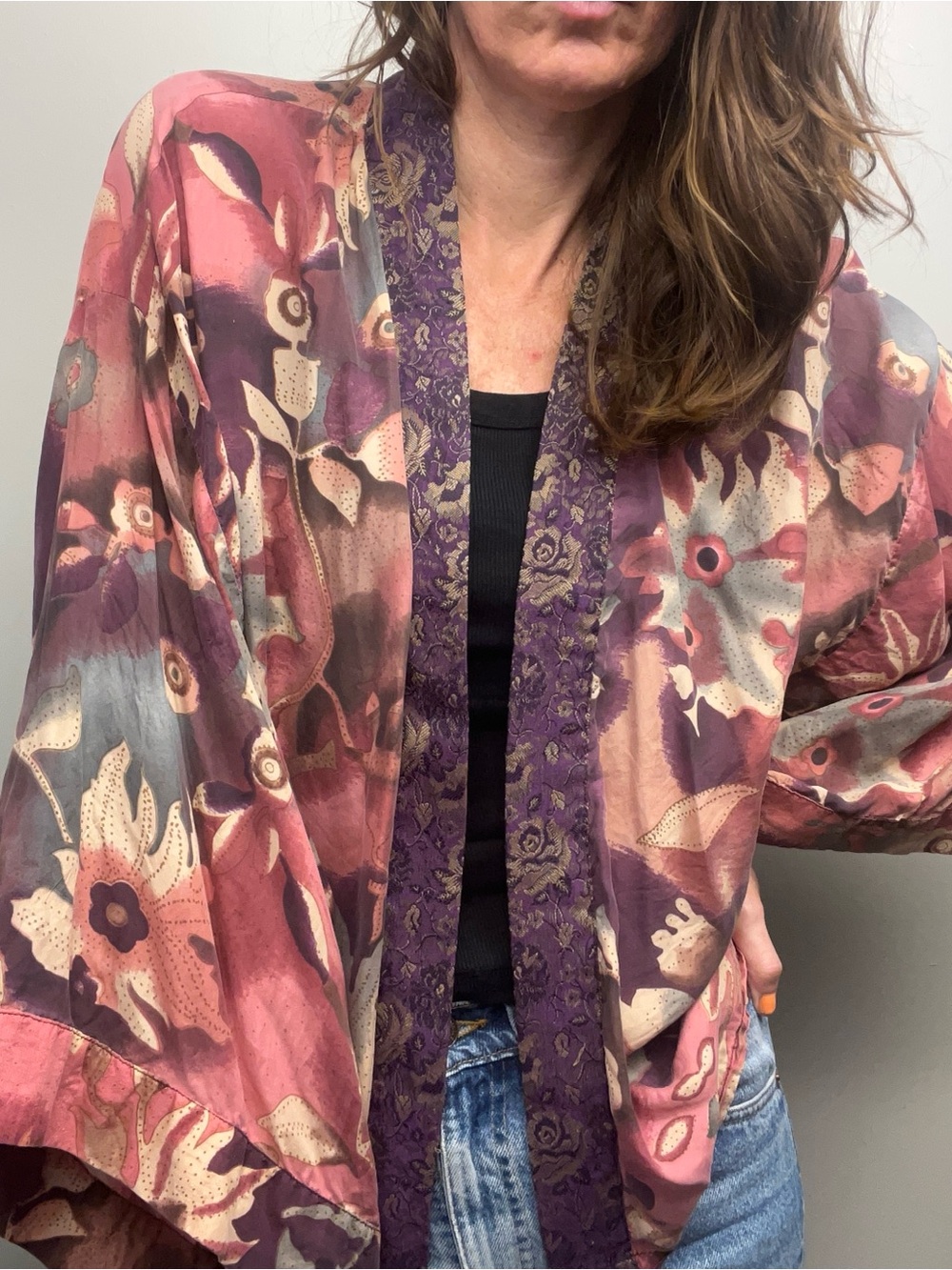 Vintage 90s Mirasol Pink/Mauve Boho Floral Kimono-style Silk Jacket– M/L/XL